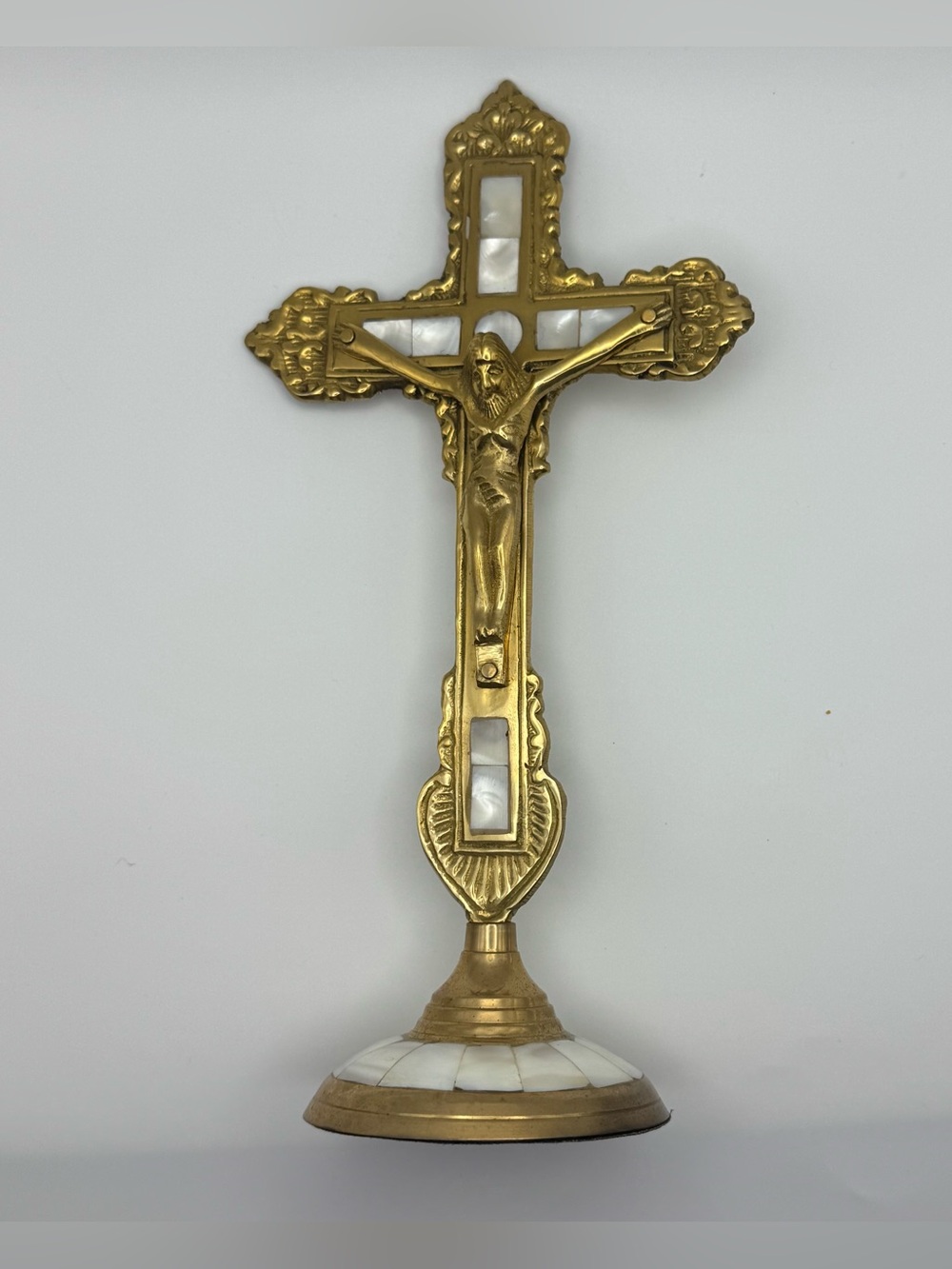 Vintage Mother of Pearl Inlay Standing Crucifix Gold Tone Altar Cross Jesus